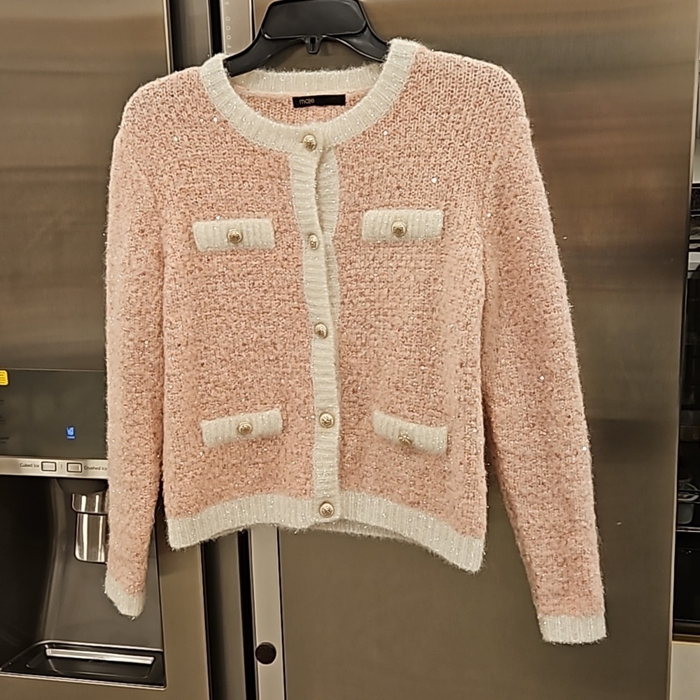 💕MAJE💕 Mission Sequin Embellished Stretch Knit Cardigan ~ Pale Pink - Picture 12 of 16